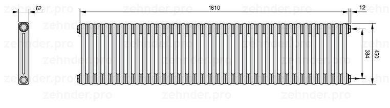 Схема (чертеж) Радиатор Zehnder Charleston 2045/35 №7610 Белый глянцевый RAL 9016